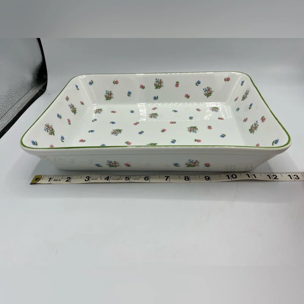 Andrea By Sadek Floral Rectangular Dish - White with Green Trim